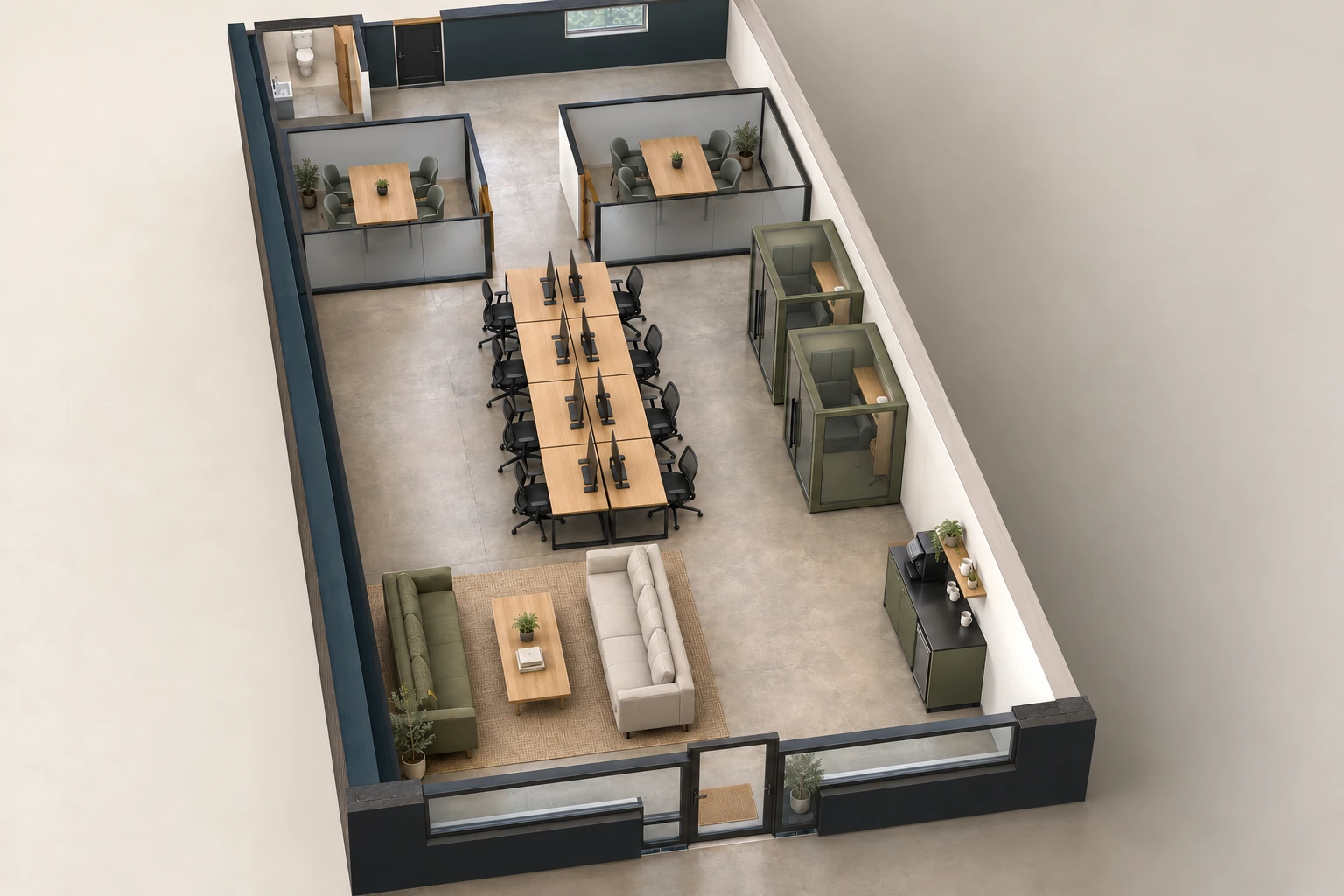Aerial cutaway of the proposed workspace: two facing sofas at the front left, self-service coffee at the front right, eight central desks, two call booths and two rear meeting rooms, with the restroom and passage behind them.
