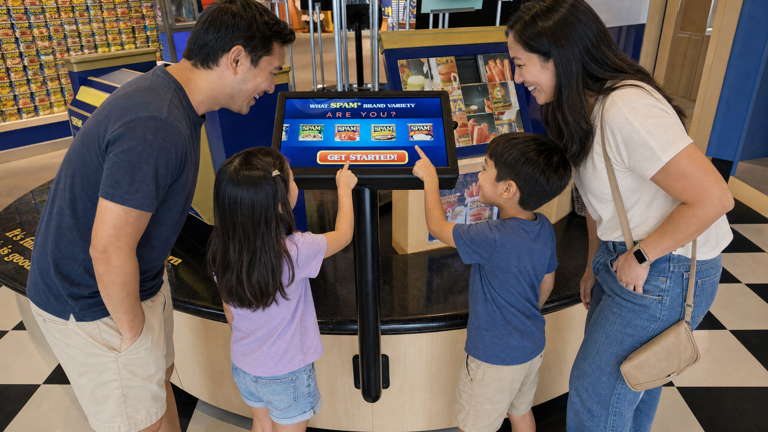 Portrait touchscreen kiosk running the interactive SPAM variety quiz, built into exhibit millwork at the SPAM Museum in Austin, Minnesota.