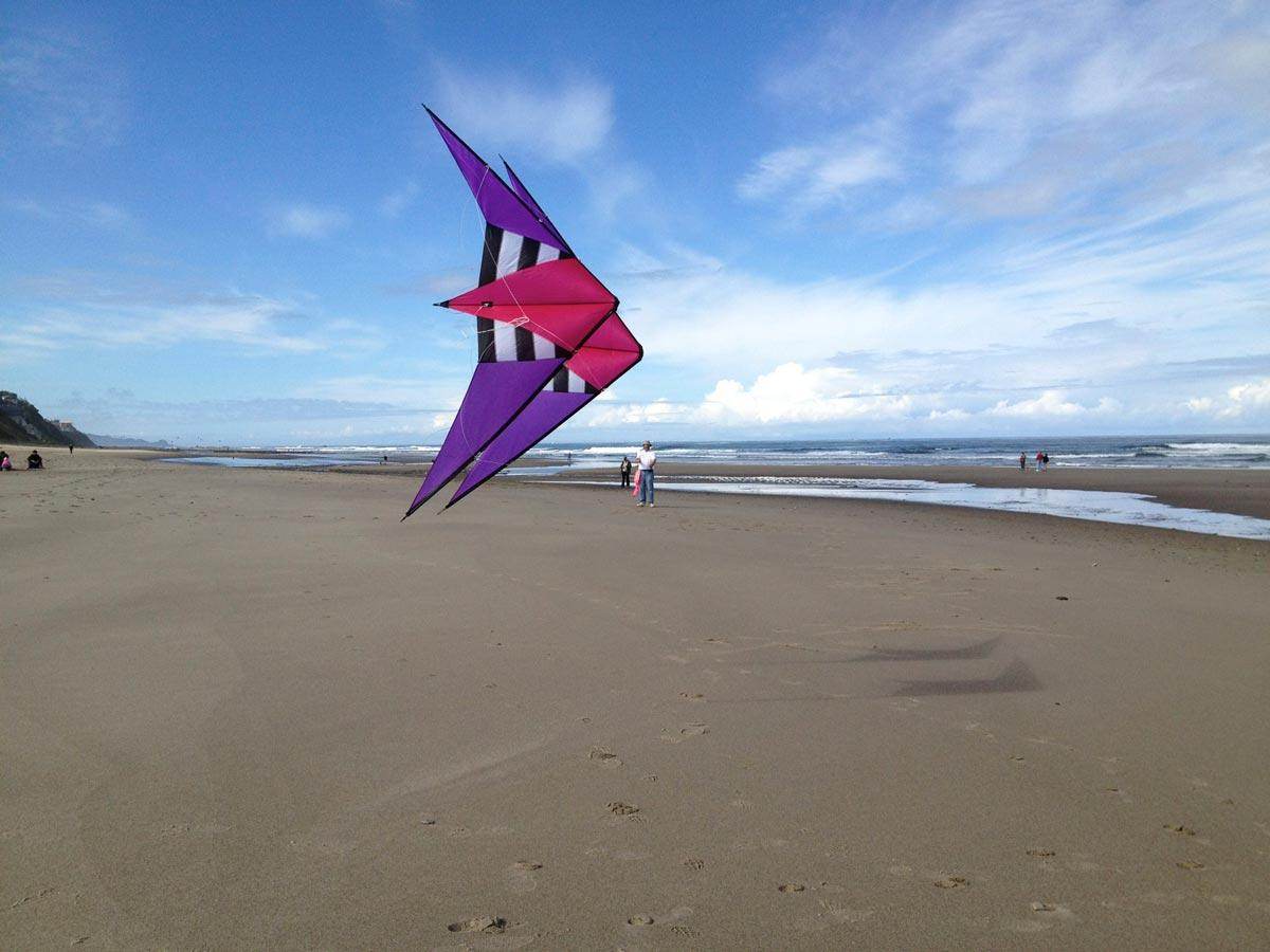 A colorful kite flying over the beach in Lincoln City